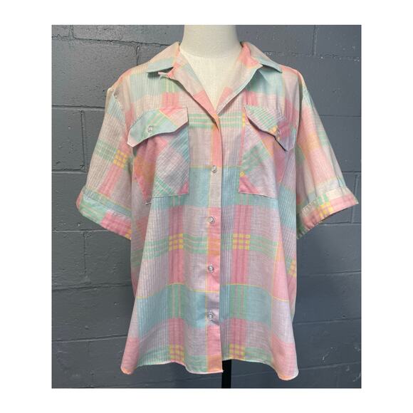 Vintage 1980s Rainbow Pastel Plaid Button Up Blouse Linear Gorpcore XL - Picture 1 of 10